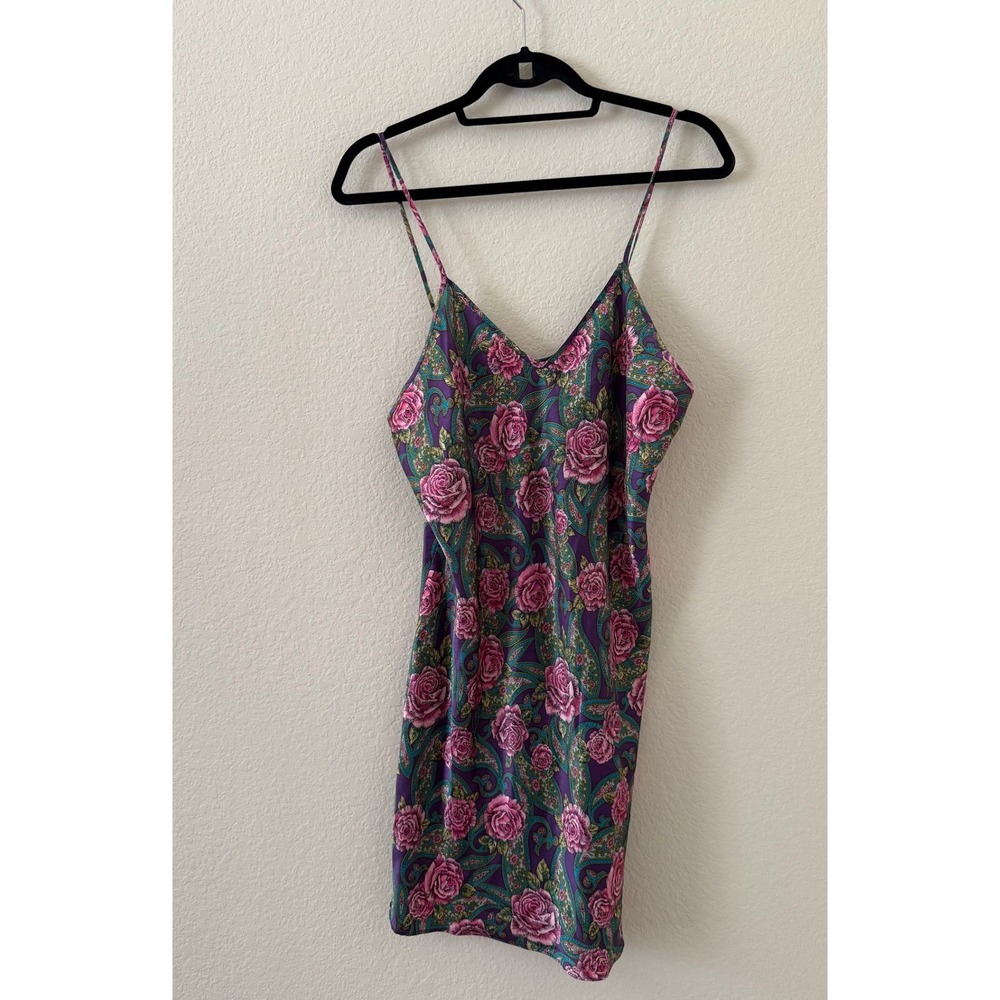 Romantic Moods Vintage Floral Paisley Satin Slip Dress Purple Pink Large Y2K